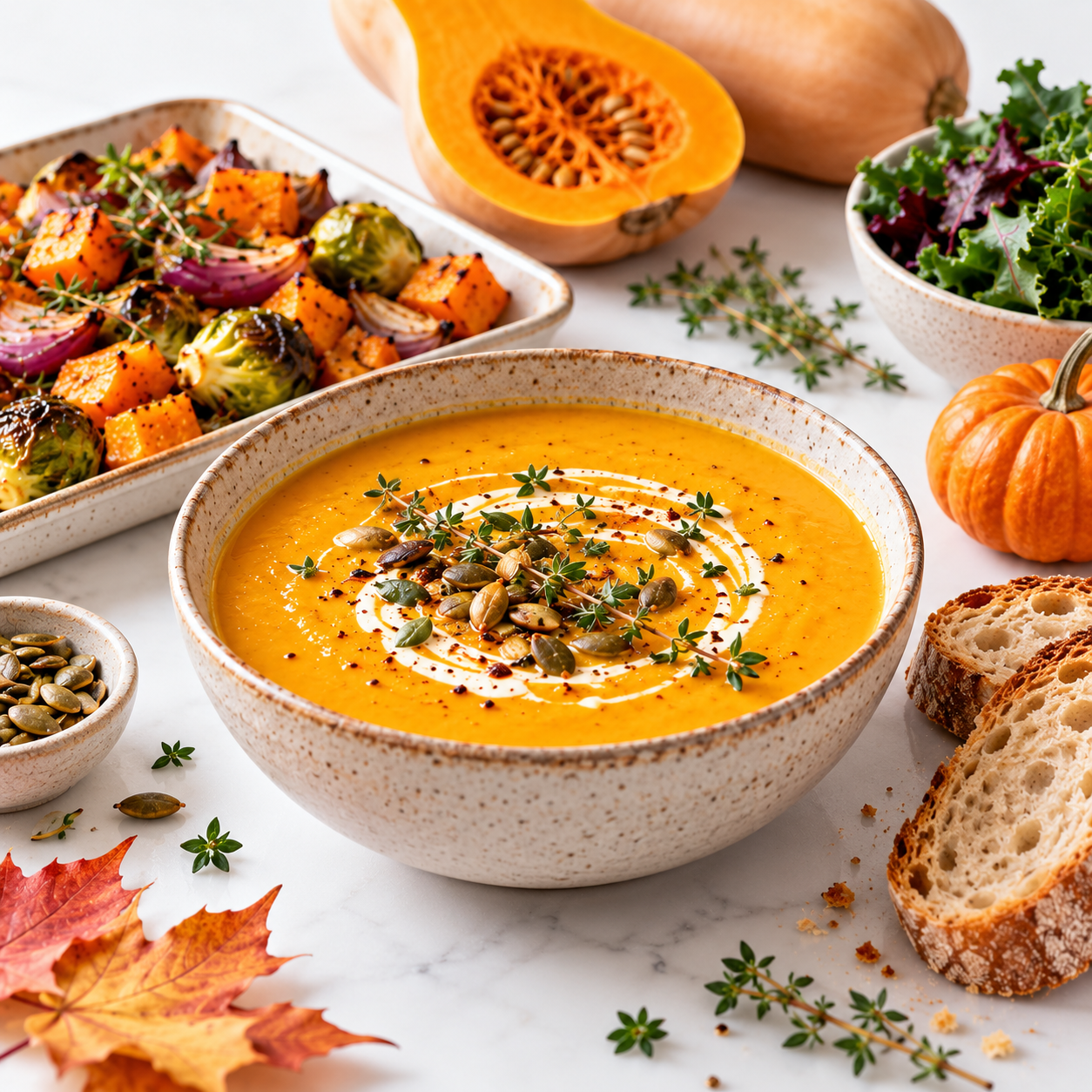 Autumn butternut squash soup with roasted vegetables and bread