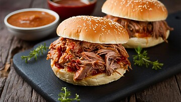 Cotati Food Service Pulled Pork Sandwiches On Rustic Table