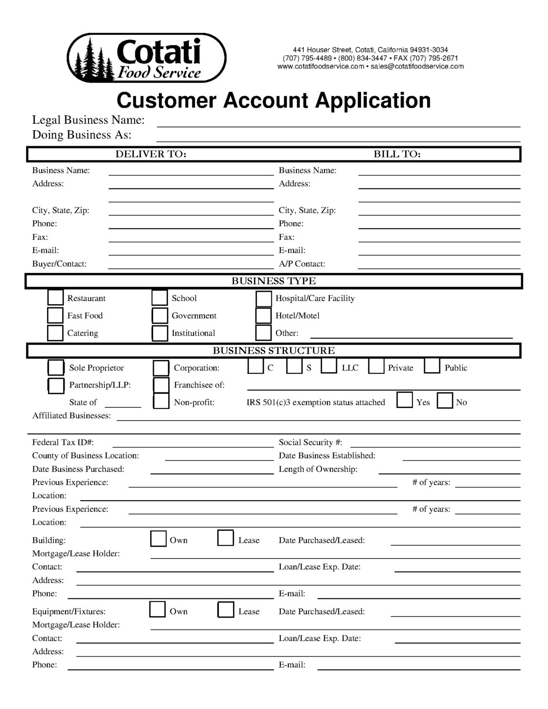 Blank customer account application form for food service distributors, including business details, delivery address, and business structure fields.