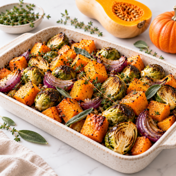 Roasted butternut squash, brussels sprouts, and red onions with herbs in a baking dish for wholesale foodservice distribution.