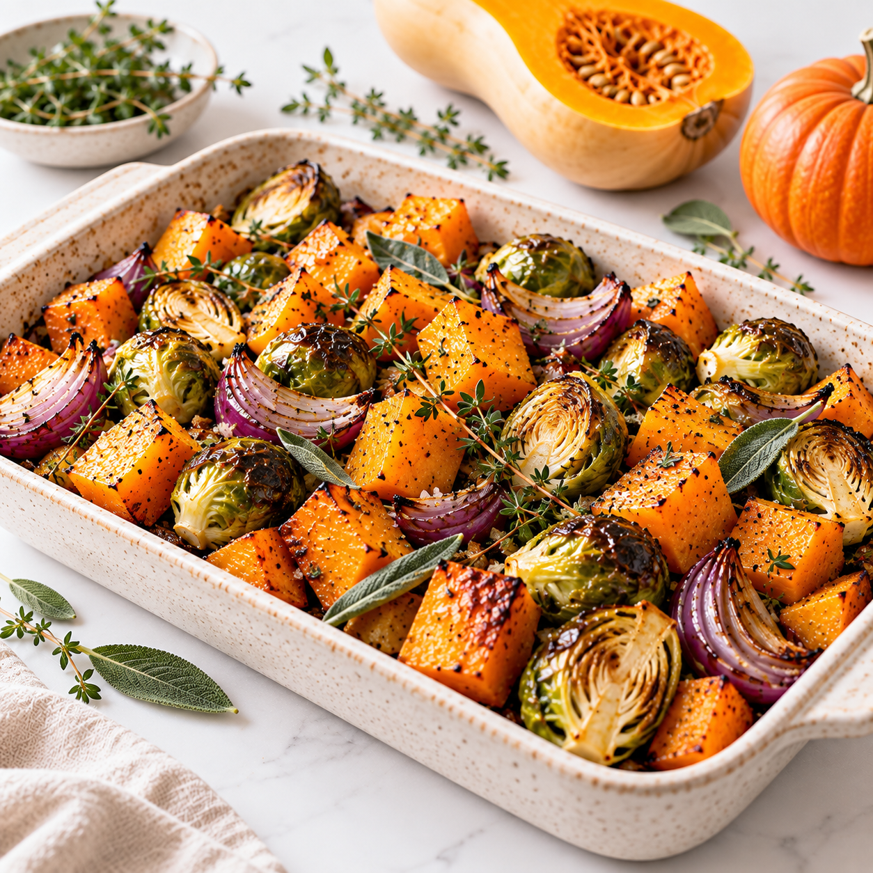 Roasted butternut squash, brussels sprouts, and red onions with herbs in a baking dish for wholesale foodservice distribution.